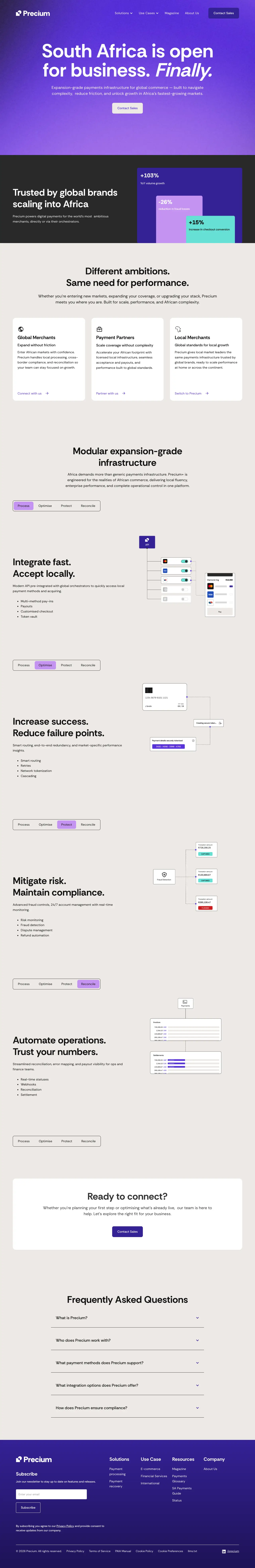 The Precium homepage, top to bottom